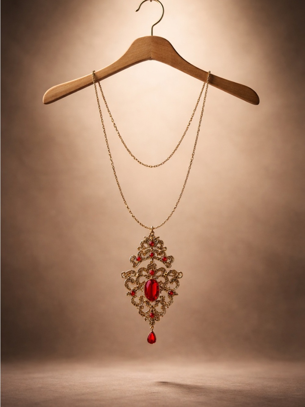 Gold Statement Necklace with Ruby Red Gem Accent